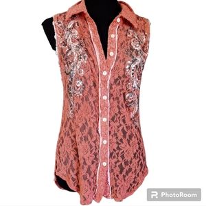 Miss Me Pink Lace Sleeveless Blouse